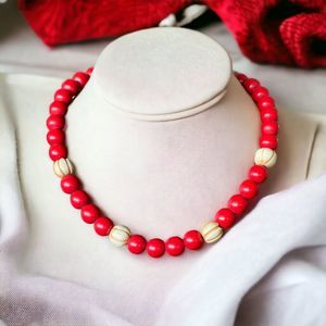 Vintage Red & Ivory Color Wood Or Acrylic Ball Bead Necklace Carved Beading